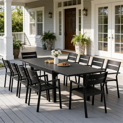 Pellebant 11-Piece Aluminum Outdoor Patio Dining Table Set for 10, Expandable Sturdy Table and Stackable Chairs with Armrest, Weather-Resistant for Deck Backyard Poolside
