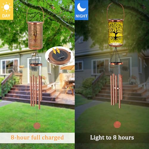 36" Solar Wind Chimes Hanging Lights Outdoor Detachable Led Lantern Metal Wind Chimes for Outside Unique Tree Life Garden Hanging Solar Decorative as Gift for Mom Women Grandma (Bronze)