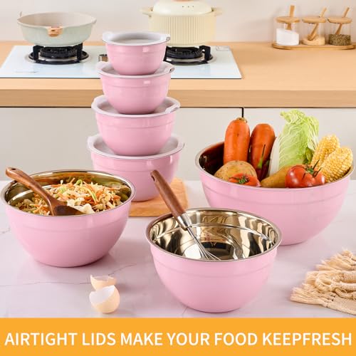 Moxinox Pink Mixing Bowls with Airtight Lids, Stainless Steel Nesting Mixing Bowls Set of 7, Ideal for Baking, Prepping and Serving Food, Size 7, 3.6, 2.7, 2.1, 1.5, 1.1,0.8 QT, Stackable Design