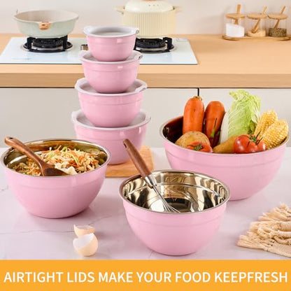 Moxinox Pink Mixing Bowls with Airtight Lids, Stainless Steel Nesting Mixing Bowls Set of 7, Ideal for Baking, Prepping and Serving Food, Size 7, 3.6, 2.7, 2.1, 1.5, 1.1,0.8 QT, Stackable Design