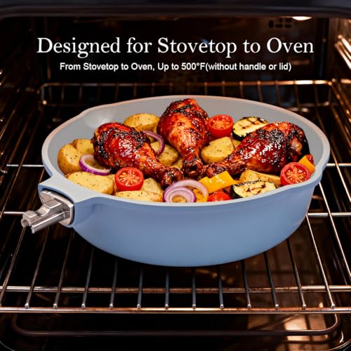 AIKENBBKK 10 Inch Non Stick Ceramic Frying Pans with Lid, 4 QT Nonstick Deep Frying Pan Skillet, Saute Pan with Detachable Handle, Compatible with All Stoves, Oven Safe, PTFE & PFAS-Free, Blue