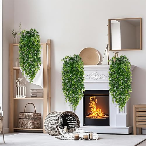 Waipfaru 4Pcs Fake Hanging Plants 2.7ft Fake Plants Eucalyptus Leaves UV Resistant Fake Vines Ivy Artificial Plants Outdoor Faux Plants Indoor Bedroom Living Room Boho Wall Porch Shelf Decor