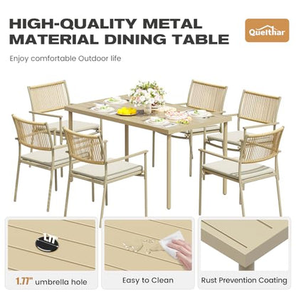7 Pieces Outdoor Dining Set for 6, 55” Large Steel Dining Table with Umbrella Hole, Wicker Patio Table and Rattan Chairs for Garden/Deck/Yard/Porch, Matte Metal Spray Coating Patio Dining Set,Beige