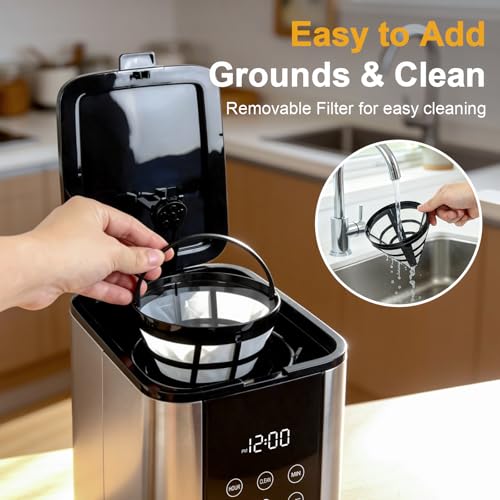 10 Cup Programmable Drip Coffee Maker, Adjustable Brew Strength, Pause & Serve, Heat Resistant Glass Carafe, Permanent Filter, Auto Shut Off, Stainless Steel, Compact Coffee Machine for Home Office