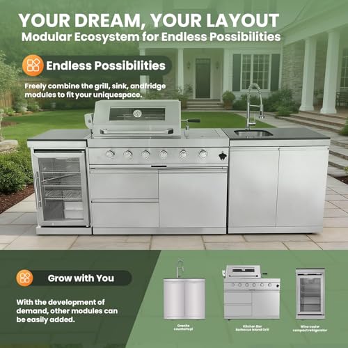 Outdoor Natural Gas Grill Island with Refrigerator, 4 Burner 72,000 BTU BBQ Grill with Side Burner, Infrared Rotisserie, Granite Countertop, Stainless Steel Outdoor Kitchen (Silver+98in)