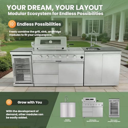 Outdoor Natural Gas Grill Island with Refrigerator, 4 Burner 72,000 BTU BBQ Grill with Side Burner, Infrared Rotisserie, Granite Countertop, Stainless Steel Outdoor Kitchen (Silver+98in)
