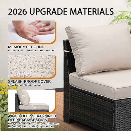 JOYURE 8 Pieces Patio Furniture Set All-Weather Outdoor Wicker Sectional Conversation Sofa Rattan Patio Seating Sofa with Cushion and Glass Table for Porch Poolside,Beige
