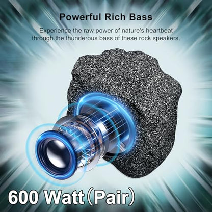 Herdio 8" Outdoor Rock Passive Speakers 600 Watt,IPX7 Waterproof,Hardwired, for Pool,Garden,Deck,Outdoor Activities (Black,Pair)
