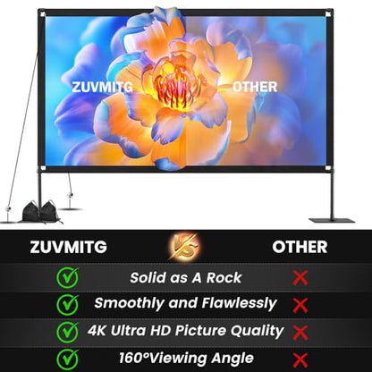 120inch Projector Screen with Stand: Portable Projector Screen Outdoor Indoor Front/Rear16:9 4K HD with Carry Bag, Sandbag - Lightweight Movie Screen for Backyard, Camping, Theater