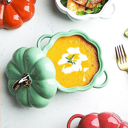 Pumpkin Pottery Dutch Oven Pot with Lid, Mini Baking Dish Casserole (Green)