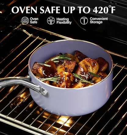 KOCH SYSTEME CS Nonstick Sauce Pan with Lid, 1 Quart Saucepan with Lid, 1 QT Nonstick Ceramic Small Sauce Pan with Stainless Steel Handle, Non-Toxic Ceramic Saucepan, Oven Safe, Purple