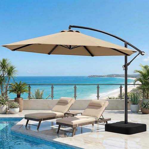 OLILAWN Cantilever Offset Patio Umbrellas, Outdoor 10 feet Large Patio Umbrella with Base Included, Upgraded Yarn-dyed Fabric Shade, Sturdy 8 Rids, 360 Degree Rotation & Easy Tilt Adjustment, for Pool Deck Porch Backyard Garden, Beige