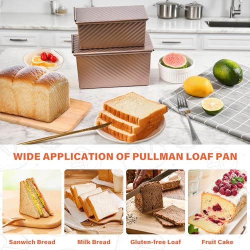 CFGUK 2 Pack Pullman Loaf Pan with Lid, 1 lb/0.5 lb Dough Capacity for Homemade Bread, Non-stick Corrugated Carbon Steel Bread Toast Box with Cover for Bakeware, Sandwich & Toast Oven Baking, Gold
