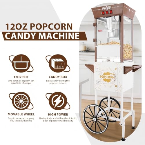 12oz Popcorn Machine Cart with Candy Dispenser, Brown Antique White