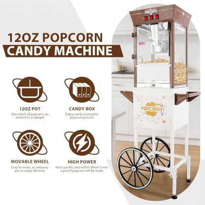 12oz Popcorn Machine Cart with Candy Dispenser, Brown Antique White