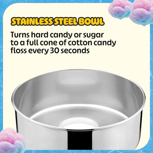 Cotton Candy Machine With Cart – 1000W Flufftastic Floss Maker With Stainless-Steel Pan, Side Trays, And 13in Wheels By Great Northern Popcorn (Blue)