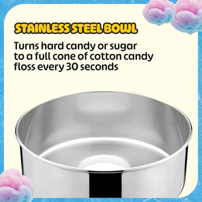 Cotton Candy Machine With Cart – 1000W Flufftastic Floss Maker With Stainless-Steel Pan, Side Trays, And 13in Wheels By Great Northern Popcorn (Blue)