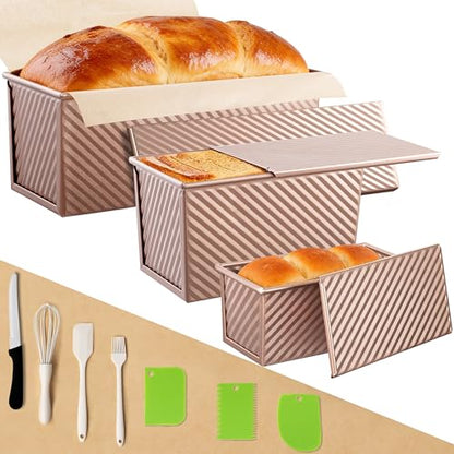 Lollicy 3 Pack Pullman Loaf Pan with Lids, Non-Stick Bread Loaf Pan, Heavy Duty Carbon Steel Corrugated Toast Box for Baking, Square Bread Pans for Homemade Sandwich, Bakeware (Rose Gold)