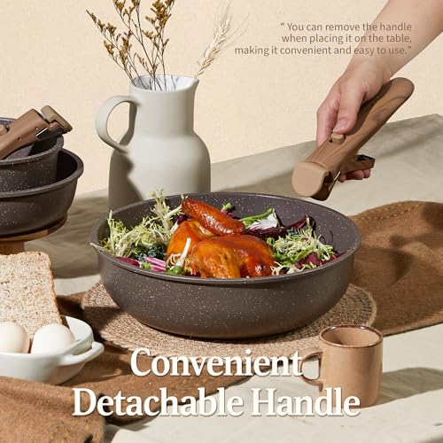 CAROTE 21PCS Pots and Pans Set Non Stick with Detachable Handle, Nonstick Cookware Sets, Cooking Kitchen Set, Oven/Dishwasher Safe, Induction Cookware, Brown, RV Kitchen Pot and Pan