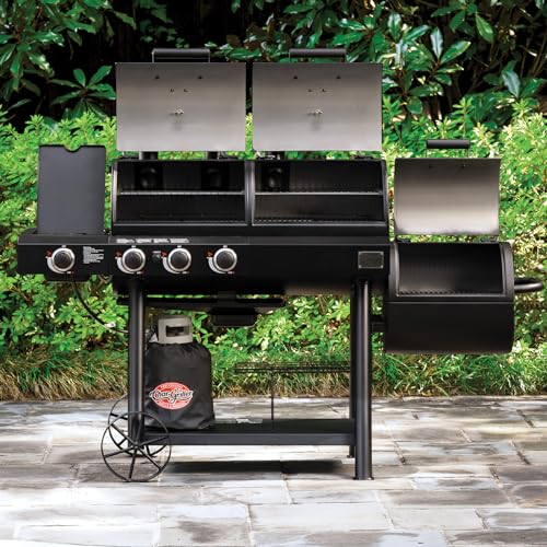 Char-Griller® Texas Trio 3-Burner Gas & Charcoal Grill and Smoker, Push Button to Ignite, Dual temperature Guages, Side Burner, Includes Side Firebox, 1,390 Cooking Square Inches, Black, Model# 3070