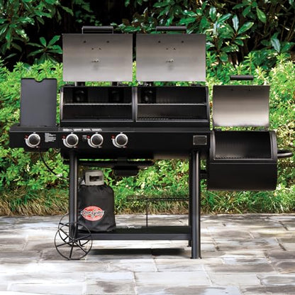 Char-Griller® Texas Trio 3-Burner Gas & Charcoal Grill and Smoker, Push Button to Ignite, Dual temperature Guages, Side Burner, Includes Side Firebox, 1,390 Cooking Square Inches, Black, Model# 3070