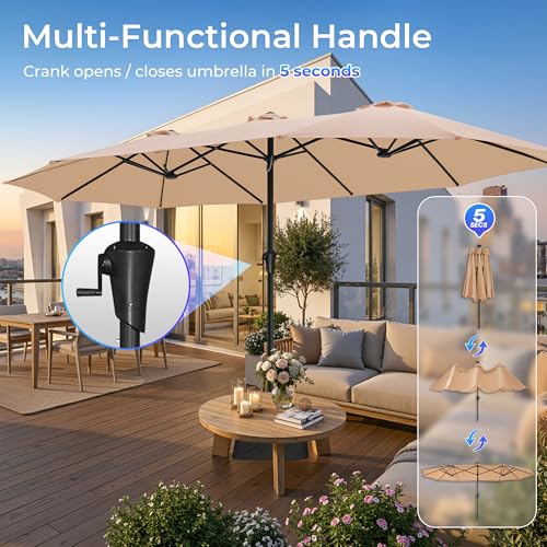 SUPERJARE 15FT Outdoor Patio Umbrella with Base Included, Double Sided Pool Umbrellas with Fade Resistant Canopy, Extra-Large Table Umbrella for Deck, Market, Backyard, Beige