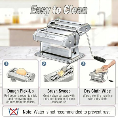 Sailnovo 3 in 1 Pasta Maker Machine - 9 Adjustable Thickness Settings Aluminum Alloy Pasta Roller & 2 Width Cutters for Fresh Spaghetti, Fettuccini, Lasagna, Dumplings - Stainless Steel, Silver