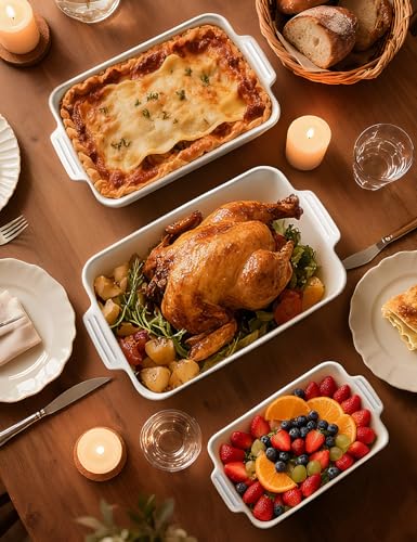Ceramic Baking Dish Set, 3-Piece Casserole Dishes for Oven, Rectangular Baking Pans, Deep Lasagna Pans with Handles, Multi-Size Set for Cooking, Baking, Serving, and Gifting, White (16.1''/12.2''/9'')