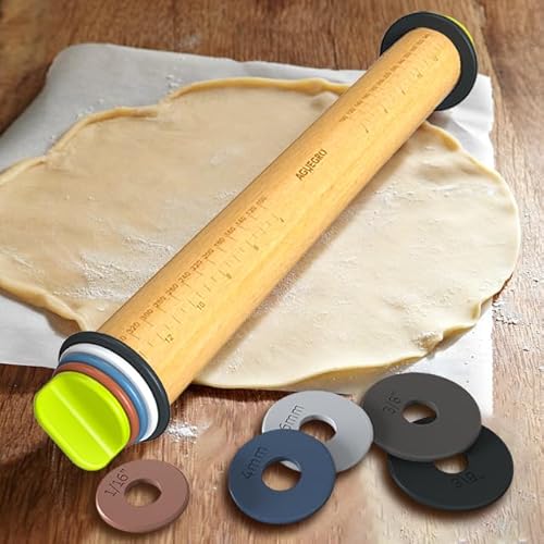 Aguegro Rolling Pin with Adjustable Thickness Ring, Dough Thickness for Baking, Fondant, Pizza, Crust, Cookies, Pastry, 13.6'' Wooden Rolling Pin with 4 Multi-Color Thickness Rings