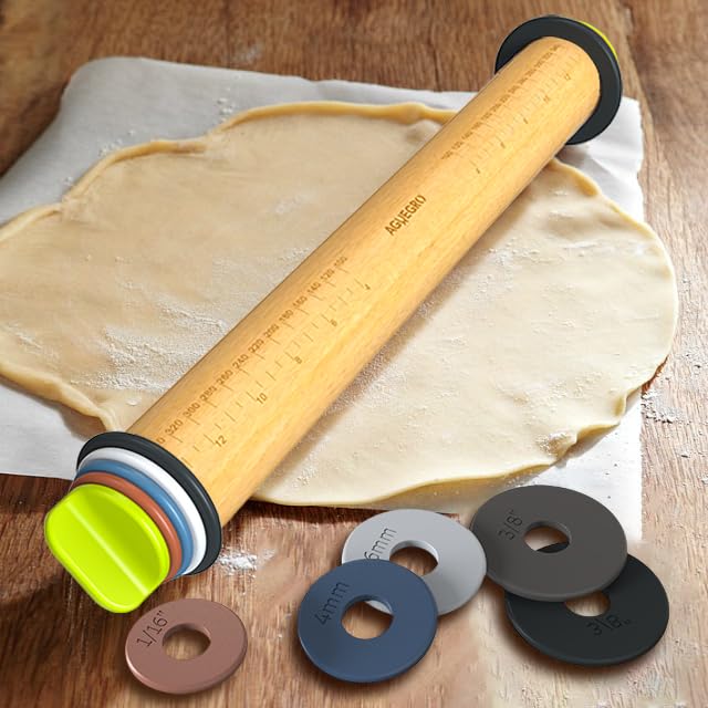 Aguegro Rolling Pin with Thickness Ring, Rolling Pin for Baking, Fondant, Pizza, Crust, Cookies, Pastry Dough Thickness, 13.6” Wooden Rolling Pin with 4 Multi-Color Thickness Rings and Wooden Base