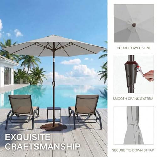 Kingdura 9FT Outdoor Patio Umbrella, Market Table Umbrella with Push Button Tilt and Crank, 8 Sturdy Fiberglass Ribs, UV Protection for Pool, Lawn, Deck, Backyard, Garden (Light grey)