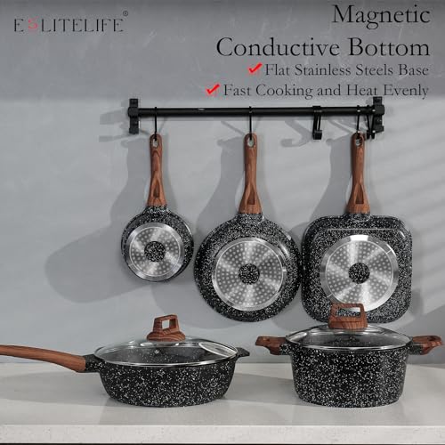 ESLITE LIFE Nonstick Cookware Sets, 9 Pcs Granite Coating Pots and Pans Set Kitchen Cooking Set, Compatible with All Stovetops (Gas, Electric & Induction), PFOA Free, Black