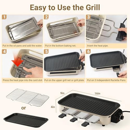 Electric Indoor Grill 1500w, 2 in 1 Smokeless Indoor Grills with Non-Stick Griddle Plate & Grill Net, Korean BBQ Grill with 3 Individual Mini Trays, Temperature Control, Dishwasher Safe