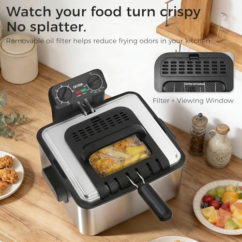OSTBA Electric Deep Fryer with 3 Baskets, 1700W Stainless Steel Oil Fryer, 4.75QT Countertop Fryer with Adjustable Temperature, Viewing Window, Odor Filter & Removable Oil Container
