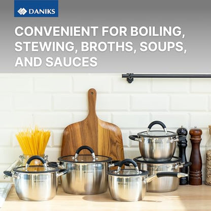 Daniks Orlando 11-Piece Stainless Steel Cookware Set with Glass Lids, Includes Saucepan and Frying Pan, Tri-Ply Bases for Even Heating, Induction Compatible, Dishwasher Safe, Heatproof Handles