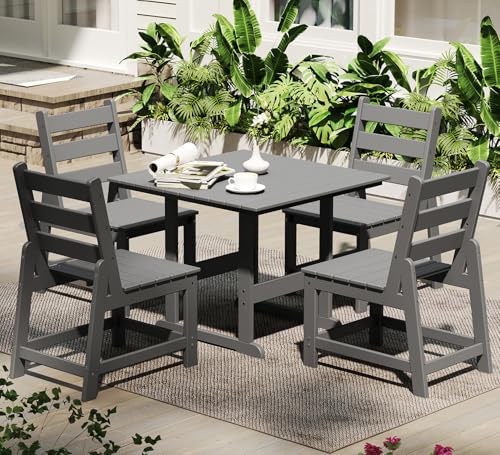 GREENVINES 5-Piece-Outdoor-Dining-Set | HDPE | Square | Patio Furniture | All Weather | Armless Chair | Slatted Table and Chairs Sets for 4 | for Backyard Poolside Garden | Grey