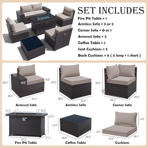 Gotland 7 Pieces Patio Furniture Set with 55000BTU Fire Pit Table, Wicker Patio Set with Wide Armrests 29.5'' High Backrest Thick Cushions 1 Coffee Table, Outdoor Furniture for Porch Deck Khaki