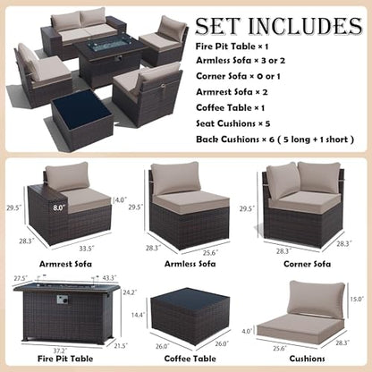 Gotland 7 Pieces Patio Furniture Set with 55000BTU Fire Pit Table, Wicker Patio Set with Wide Armrests 29.5'' High Backrest Thick Cushions 1 Coffee Table, Outdoor Furniture for Porch Deck Khaki