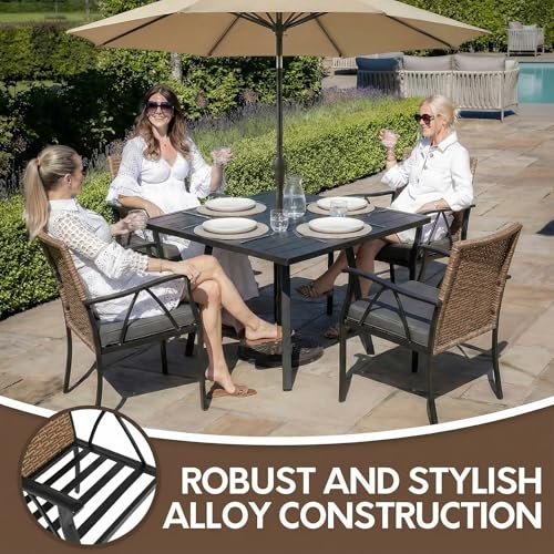 Andehomy 5-Piece Patio Dining Set for 4, Outdoor Dining Set with 4 Wicker Patio Dining Chairs with Cushions & 1 Black Square Woodgrain Dining Table with 1.75" Market Umbrella Hole, Black & Brown