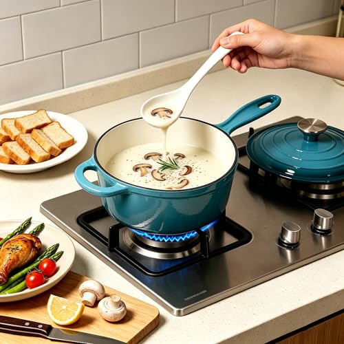 Maldira Enameled Saucepan with Lid, Non Stick Cast Iron Sauce Pan, Dutch Oven Pot (Peacock Blue, 2 Quarts)
