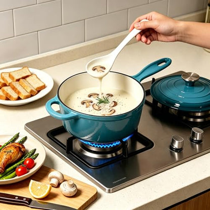 Maldira Enameled Saucepan with Lid, Non Stick Cast Iron Sauce Pan, Dutch Oven Pot (Peacock Blue, 2 Quarts)