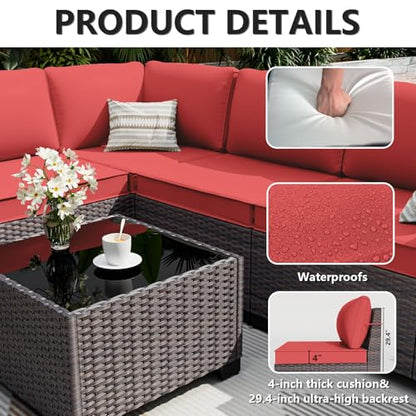 ALAULM 13 Pieces Outdoor Patio Furniture Set with Propane Fire Pit Table Outdoor Sectional Sofa Sets Patio Furniture 43" Gas Fire Pit Brown PE Rattan Patio Conversation Set w/10 Cushions (Rose Red)