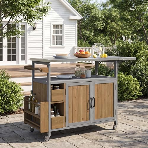 Christopher Knight Home Edsel Outdoor Bar Cart with Stainless Steel Top and Lockable Wheels, Solid Wood Outdoor Storage Cabinet, Kitchen Island Serving Cart for Poolside, Walnut Brown+Blue Gray