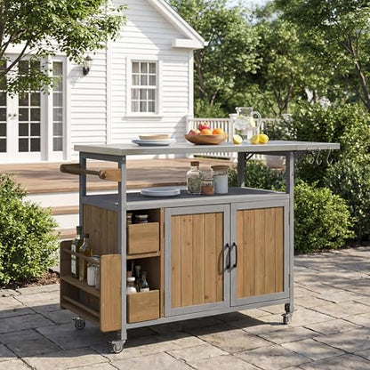 Christopher Knight Home Edsel Outdoor Bar Cart with Stainless Steel Top and Lockable Wheels, Solid Wood Outdoor Storage Cabinet, Kitchen Island Serving Cart for Poolside, Walnut Brown+Blue Gray
