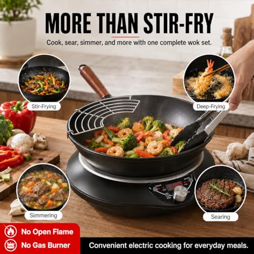 GastroGear 1700W Induction Cooktop with 13.4" Carbon Steel Wok Pan,Lid,Rack,1.97" Deep Curved Concave Electric Stove Burner 16 Watts/temp Precise Ctrl 200~1700W 176°F to 446°F,18H Timer ETL-Listed