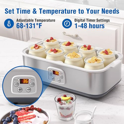 HOPERAN Yogurt Maker with Adjustable Time and Temp Control, Yogurt Maker Machine with Automatic Shut-Off & Constant Temper for Homemade Probiotic, Greek Yogurt, BPA-Free 48 oz 8 Jars (Silver)