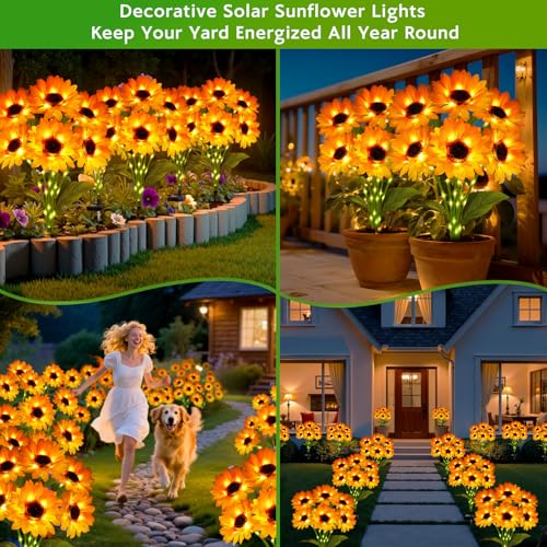 Solar Sunflower Lights Outdoor Garden Decor, Solar Flowers Lights with 18 Sunflowers, Waterproof Fall Decor Stake Decorative Light Auto ON/Off for Garden Yard Patio Backyard, Gift for Women (3 Pack)