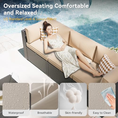 Aoxun Patio Furniture Set with Fire Pit Table, 8 Piece Outdoor Sectional Sofas, Wicker Rattan Outdoor Furniture with Thickened Cushion for Backyard, Garden Beige