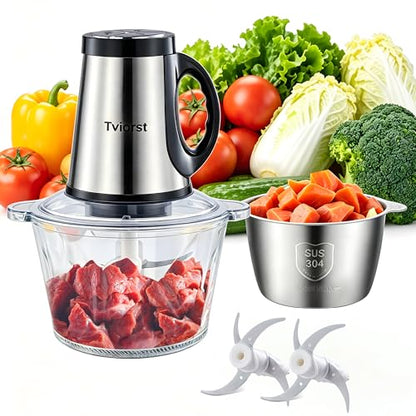 Tviorst Electric Food Processor, 3-Speed Food Chopper with Meat Grinder & Vegetable Chopper - 2 Bowls (8 Cup Stainless Steel+8 Cup Glass) with Powerful 300W Copper Motor, 2 Bi-Level S Blades