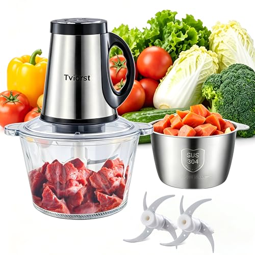 Tviorst Electric Food Processor, 3-Speed Food Chopper with Meat Grinder & Vegetable Chopper - 2 Bowls (8 Cup Stainless Steel+8 Cup Glass) with Powerful 300W Copper Motor, 2 Bi-Level S Blades